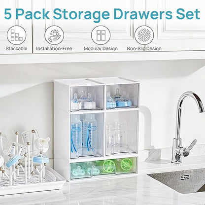 Vtopmart Stackable Storage Drawers Set of 5, Plastic Organizer Bins for Baby Bottle, Beauty Supplies Storage, Ideal for Kichen Countertop, Vanity, Bathroom, Cabinet, Pantry Organization,White - Image 4