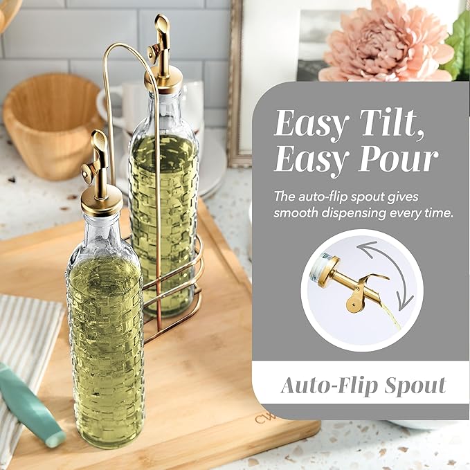 COOK WITH COLOR Glass Olive Oil Bottle Dispenser - 2 Pack- 17oz Oil and Vinegar Cruet - Olive Oil Carafe Decanter for Kitchen, Checkered, Clear - Image 3