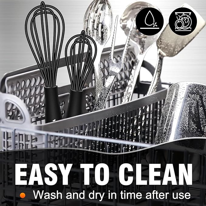 Walfos Whisk 5+7in/12cm+17cm Mini Whisk,Silicone Whisks Non Scratch Heat Resistant (480°F). Nice for stirring individual eggs and mixing small amounts of powder and sauce.Dishwasher Safe.Black - Image 8