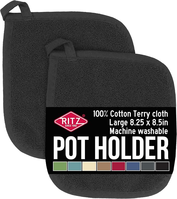 RITZ Terry Potholder & Hot Pad: Unparalleled Heat Resistant, Durable 100% Cotton – Ergonomically Designed for Optimal Grip – Easy-Care Machine Washable – 2-Pack, Black by Ritz+Foodservice