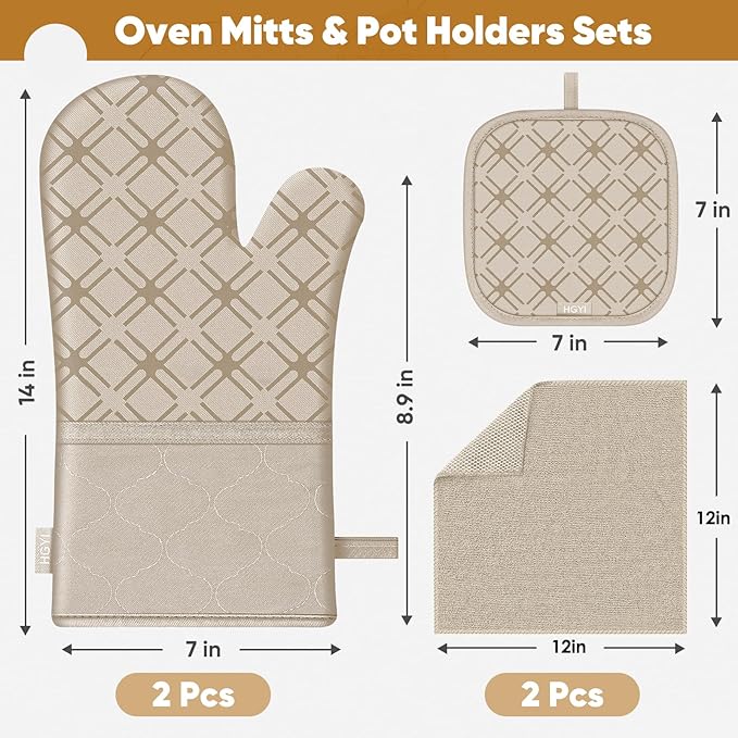 Oven Mitts and Pot Holders Set with Dishcloths, 500 Degree Heat Resistant Oven Gloves and Hot Pads, Premium Soft Cotton Kitchen Mittens and Dish Cloth Sets-Beige - Image 2