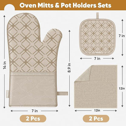 Oven Mitts and Pot Holders Set with Dishcloths, 500 Degree Heat Resistant Oven Gloves and Hot Pads, Premium Soft Cotton Kitchen Mittens and Dish Cloth Sets-Beige - Image 2