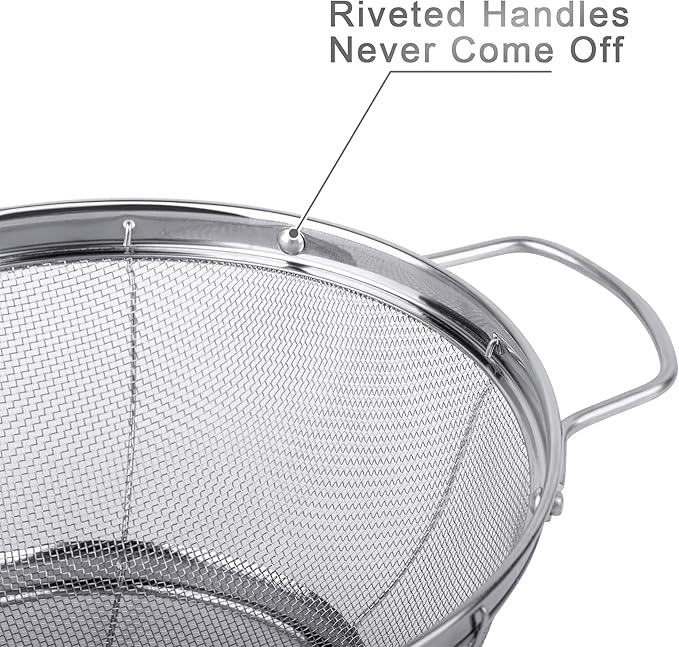 3 Pack 18/8 Stainless Steel Colander Sieves(5-Quart, 4-Quart and 3-Quart), Mesh Strainer Net Baskets with Handles & Resting Base for Strain, Drain, Rinse or Steam - Image 3