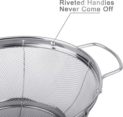 3 Pack 18/8 Stainless Steel Colander Sieves(5-Quart, 4-Quart and 3-Quart), Mesh Strainer Net Baskets with Handles & Resting Base for Strain, Drain, Rinse or Steam - Image 3
