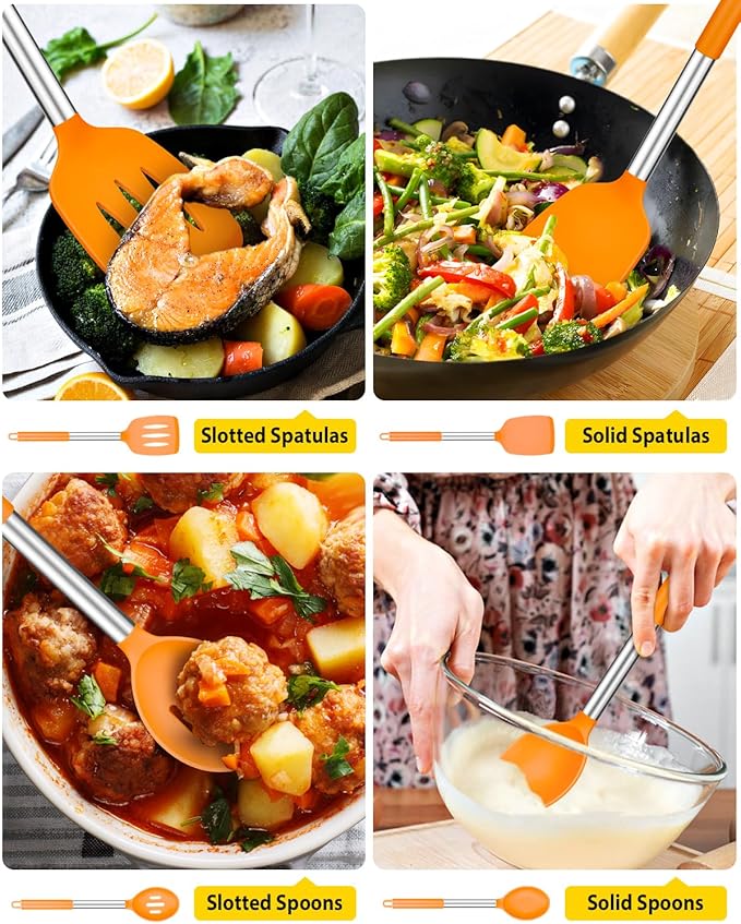 Pack of 4 Silicone Cooking Utensils Set, Non Stick Large Solid Spatulas, Heat Resistant Slotted Spoons, Ideal BPA Free Kitchen Turners for Frying, Mixing,Serving,Draining,Turning,Stirring (ORANGE) - Image 3