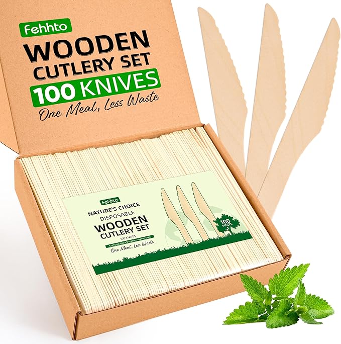 Disposable Wooden Utensils Set, Compostable Utensils, Disposable Cutlery Eco-Friendly Silverware Set for Parties, Catering, Office Lunches-100 PCS 6.4" Knives