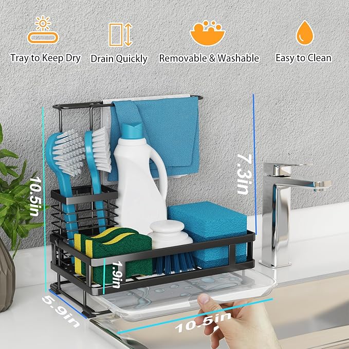 Godboat Kitchen Sink Organizer with Brush Rack, 304 Stainless Steel Dish Soap Dispenser, Sponge Holder for Kitchen Sink, Sink Caddy with Drain-Pan, Cool Kitchen Gadgets & Gifts for Women, Christmas - Image 2