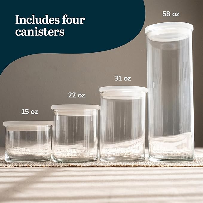 Libbey Stacking Cylinder Assorted Storage Jars, Stackable Glass Jars Set of 4, Airtight Plastic Lids, Dishwasher Safe Food Jars for Storing Dry Goods - Image 3