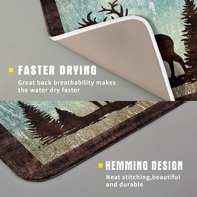 Giwawa Retro Deer Forest Cabin Silhouette Dish Drying Mat Countertop 16x18 Fall Blue Sky Cloud Cartoon Elk Wild Animal Bushes Drainer Mat Pine Tree Grass Dishes Pad Rustic Dish Drainer Rack