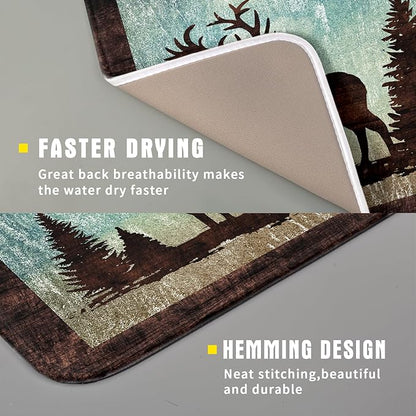 Giwawa Retro Deer Forest Cabin Silhouette Dish Drying Mat Countertop 16x18 Fall Blue Sky Cloud Cartoon Elk Wild Animal Bushes Drainer Mat Pine Tree Grass Dishes Pad Rustic Dish Drainer Rack
