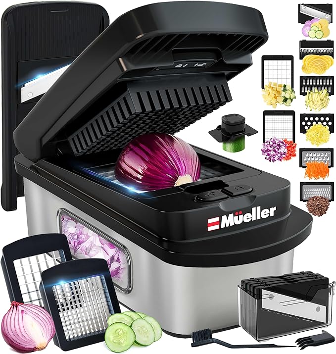 Mueller Pro-Series 10-in-1, 8 Blade Stainless Steel Multi Vegetable Chopper And Mandoline Slicer, Kitchen Tools and Gadgets, Food and Veggie Chopper, Mincer, Dicer, French Fry Cutter, Black by Mueller