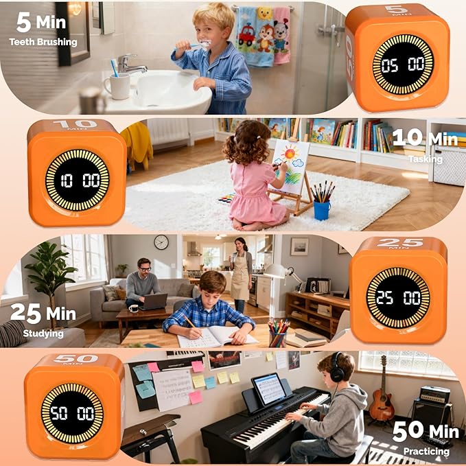 KADAMS Timer Pomodoro Visual - Productivity Pomodoro Cube, 5/10/25/50 Min Countdown & Countup, Silent – Ideal for Work Study Cook Workout Kitchen School Classroom Office ADHD Gift Kids (1, Orange)