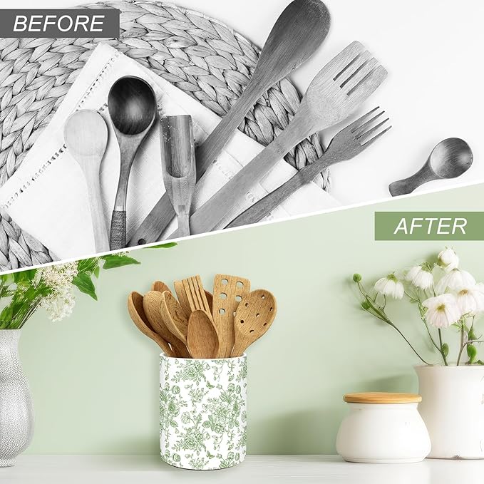 JarThenaAMCS Green Floral Ceramic Utensil Holder Vintage Flower Butterfly Utensil Crock for Home Kitchen Countertop Storage Organizer Container - Image 4