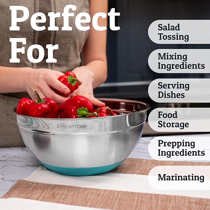 Priority Chef 6Pc Large Mixing Bowls With Lids Set with Non-Slip Bases, Stainless Steel Mixing Bowl Set, 6 Airtight Lids and 3 Graters, Turquoise - Image 5