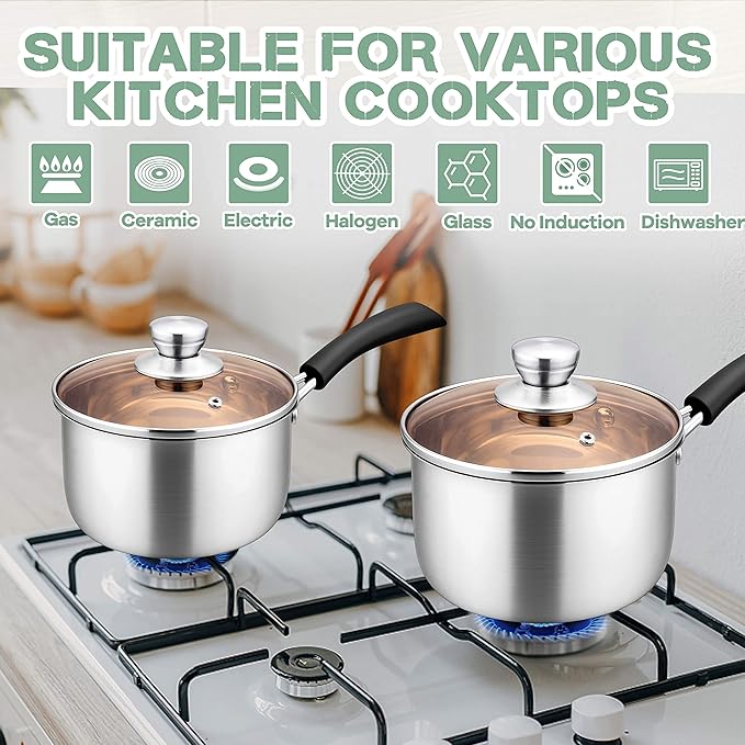 Herogo 1 Quart & 2 Quart Saucepan Set with Lid, 18/10 Stainless Steel Sauce Pan Pot, 2Qt 1Qt Saucepan for Home Kitchen Restaurant, Dishwasher Safe - Image 5