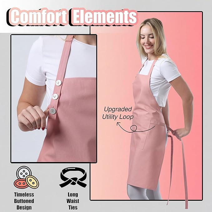 TOSHE Kitchen Apron Waterdrop Resistant Cotton Apron with adjustable Aprons for Women with Pockets 10 Color option Cooking Powder Pink Apron (Powder Pink) - Image 6