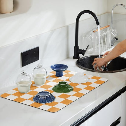 Ohocut Checkered Dish Drying Mat for Kitchen Counter, Coffee Bar Station Accessories, Retro Cute Aesthetic Modern Absorbent Drainer Mat Kitchen Drying Mat Easy Clean, Orange 16" x 24" - Image 2