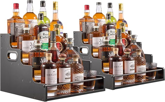 YQBRAO 2 Pack 4-Tier Liquor Bottle Display Shelf, 16-Inch Wooden Bar Shelves for Liquor Bottles, Countertop Whiskey Shelf and Bourbon Shelf Organizer for Home Bar, Kitchen（Black）