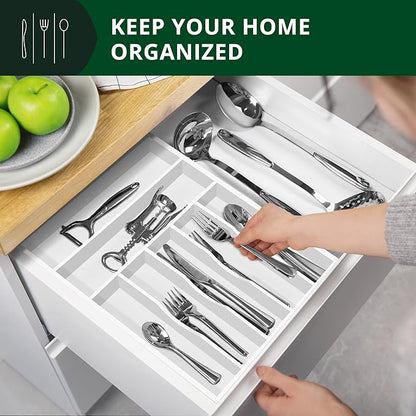 ROYAL CRAFT WOOD Luxury Bamboo Kitchen Drawer Organizer - Silverware Organizer - Utensil Holder and Cutlery Tray with Grooved Drawer Dividers for Flatware and Kitchen Utensils (7 Slot, White) - Image 3
