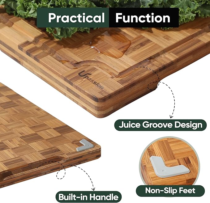 Extra Large Bamboo Cutting Boards, 2-Pack Heavy Duty Bamboo Cutting Boards Set with Juice Grooves & Non-Slip Feet –Checkered Extra Large Thick Wood Chopping Board for Meat, Fruits, Non-Toxic & Durable