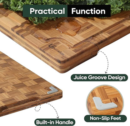 Extra Large Bamboo Cutting Boards, 2-Pack Heavy Duty Bamboo Cutting Boards Set with Juice Grooves & Non-Slip Feet –Checkered Extra Large Thick Wood Chopping Board for Meat, Fruits, Non-Toxic & Durable