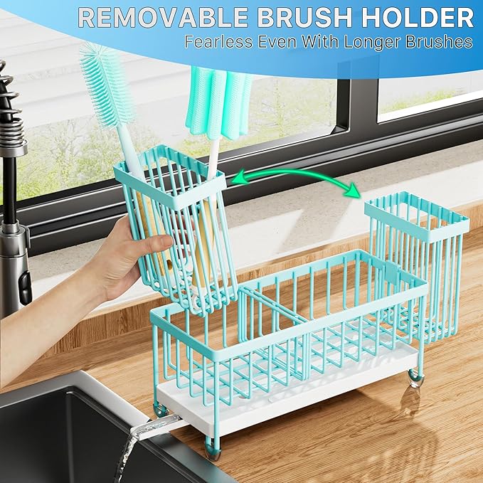 Cisily Sponge Holder for Kitchen Sink, Sink Caddy Organizer with High Brush Holder, Kitchen Countertop Organizers and Storage Essentials, 304 Stainless Steel, Teal Kitchen Decor (Turquoise, 9.25″) - Image 4
