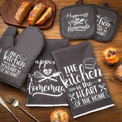 Sratte 6 Pcs Kitchen Decor Accessories Set Farmhouse Towels Pot Holders Oven Mitts Set 2 Dish Towels 2 Potholders 2 Cooking Mittens Oven Glove for Christmas Baking Cooking Supply(Dark Gray,Kitchen) - Image 6