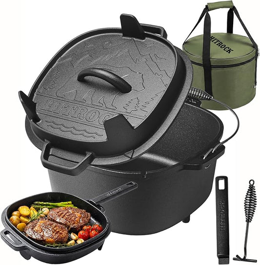 HITROCK Cast Iron Camp Dutch Oven with Legs 7QT, Pre-Seasoned Camping Dutch Oven with Lid, Outdoor Pot with Lid Lifter, Storage Bag & Handle for Camping, Baking, Grilling, Rounded-square Shape