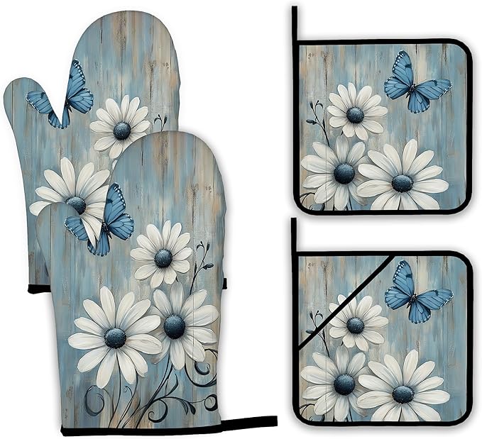 Blue Butterfly Oven Mitts and Pot Holders,Vintage Daisy Wooden Heat Resistant Oven Mitts Gloves and Pot Holder for Home Kitchen Decorations Cooking Baking BBQ Gifts,Set of 4