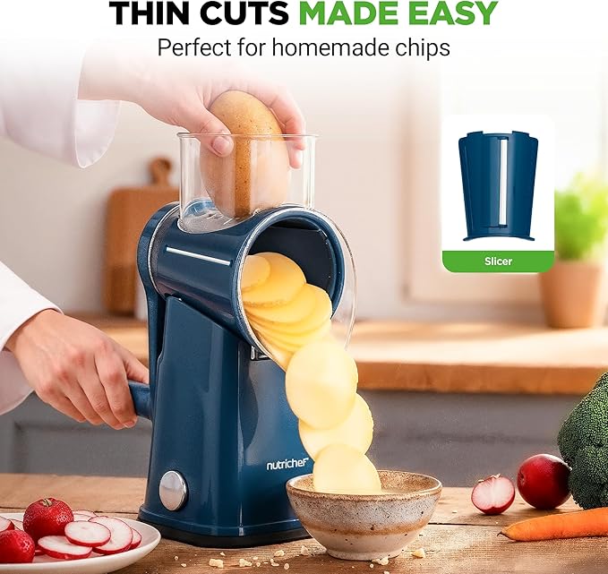 NutriChef 5 in 1 Cheese Grater & Shredder | 5 Different Blades for Thin, Thick, Julienne Strips, Wavy, & Straight Strips | Includes Hand Crank, Strong Suction Base & Storage Container | Blue - Image 6