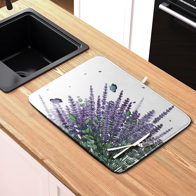 Purple Lavender Dish Drying Mat for Kitchen Counter Spring Summer Floral Microfiber Dish Drainer Mats Green Leaves Butterfly Absorbent Reversible Dish Drainer Rack Mat 16x18 Inch - Image 6