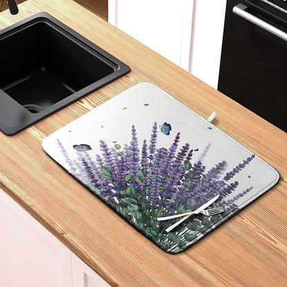 Purple Lavender Dish Drying Mat for Kitchen Counter, 18 x 24 Purple Floral Microfiber Dish Drainer Mats, Absorbent Reversible Microfiber Dish Mat, Butterflies Flowers Kitchen Drying Mats for Dishes - Image 6
