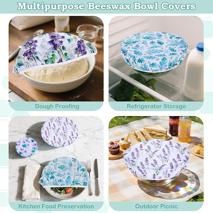 5-Size Reusable Beeswax Bowl Covers for Bread Proofing, Cotton Cloth Flexible Beeswax Wraps for Food Storage(Lilacs) - Image 5