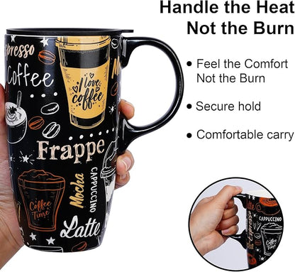 Topadorn Ceramic Travel Mug with Handle Coffee Mug Ceramic Latte Tea Mug, Color Boxed, 17 oz, Splash Resistant Lid - Travel Tea Mug for Car Cup Holder, Frappe