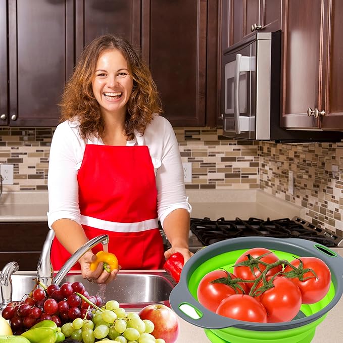 Green Round Silicone Collapsible Colander – Silicone Round Small Kitchen Strainers with Plastic Handles Foldable Kitchen Strainer Perfect for Draining Pasta Vegetable and Fruit - Image 8