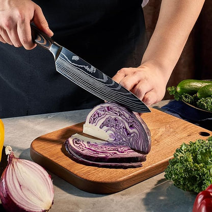 SENKEN 8-piece Premium Japanese Kitchen Knife Set with Laser Damascus Pattern - Imperial Collection - Chef's Knife, Santoku, Bread, Paring & More, Ultra Sharp for Very Fast Cutting