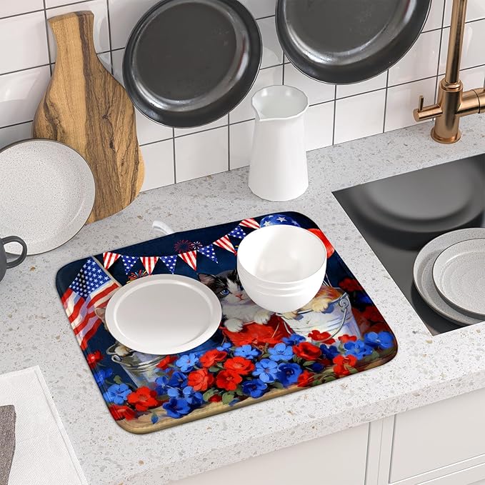 4th of July Dish Drying Mat Patriotic Cats Dish Drying Rack Mat for Kitchen Counter Small - Image 6