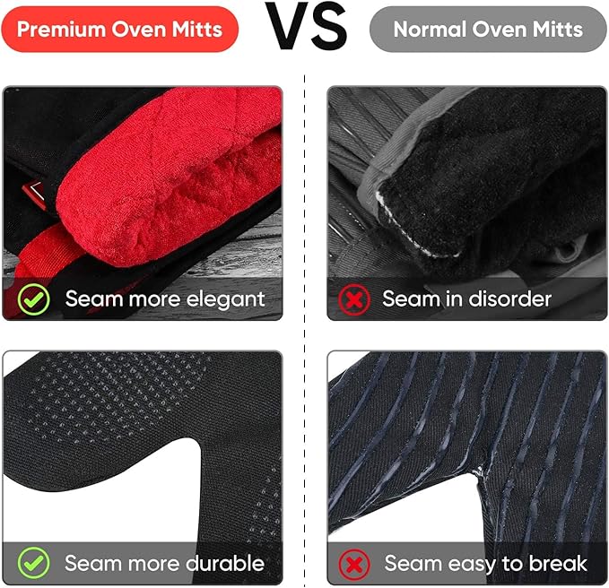 Silicone Oven Mitts, Magnetic Oven Mitt Set, Cotton Oven Mits Heat Resistant, Anti-Slip Hot Mitts for Kitchen, Cooking, Baking, Grilling, Black - Image 4