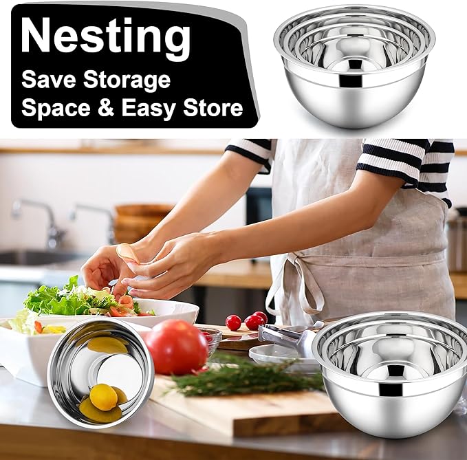 E-far Mixing Bowls with Lids, 6-Piece Stainless Steel Salad Bowls Metal Nesting Bowls for Baking Cooking and Prepping, Airtight Lids & Stackable Design, Size 4.5, 3, 1.5 QT (Black) - Image 5