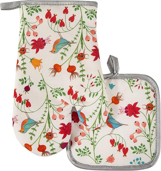 Kitchen Oven Mitts and Pot Holders Sets, Flower Bird Print Oven Gloves and Potholders,Heat-Resistant Oven Gloves and Hot Pads, Kitchen Accessories,Gifts for Women