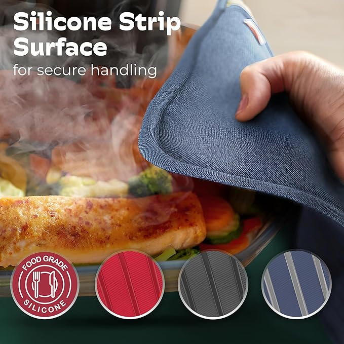 Silicone Pot Holders - Set of 2 Blue Denim - 10x3 - Heat Resistant to 536°F / 280°C, Kitchen Protectors, Hot Pans, Baking, Professional Grade Cooking Mitts