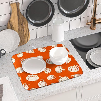 Fall Dish Drying Mat for Kitchen Counter Autumn White Pumpkins Festival Microfiber Absorbent Dish Draining Reusable Washable Foldable 16"x18" - Image 6