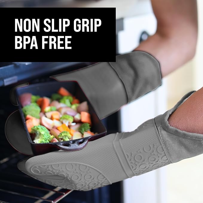 BPA-Free Soft Silicone Oven Mitts - Ultra Heat Resistant Oven Mitts with Thick Cotton Liner - Extra Long Slip Resistant Pot Holders, Flexible Oven Gloves - Gray 14.7" - Image 5