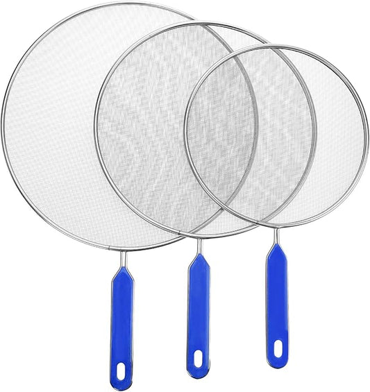 Grease Splatter Screens Guards Shields Frying Pan Pot Cooking Oil Cover Skillet Lid - Stainless Steel Mesh Blue Handle Set of 3: 8", 9.5", 11" by Roe+%26+Moe