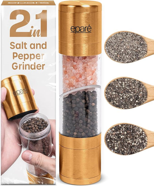 Eparé 2 in 1 Gold Salt and Pepper Grinder Combo - Brass All in One Dual Salt & Pepper Grinder Set in One for Kitchen - Manual Grinding Salt Pepper Mill Refillable - Stainless Steel by Epare