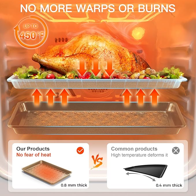 HONGBAKE Nonstick Baking Sheet Pan Set of 3, Cookie Sheets for Oven, Non-Toxic Half/Quarter/Jelly Roll Pans with Floral Swirl Texture, Heavy Duty 0.8mm Thick Oven Trays for Cooking, Antique Gold - Image 5