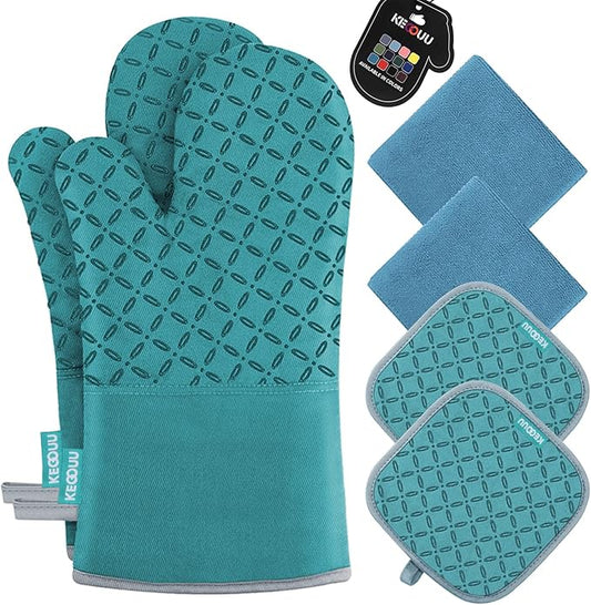 KEGOUU Oven Mitts and Pot Holders 6pcs Set, Kitchen Oven Glove High Heat Resistant 500 Degree Extra Long Oven Mitts and Potholder with Non-Slip Silicone Surface for Cooking (Lake Blue) by KEGOUUOvenMitt