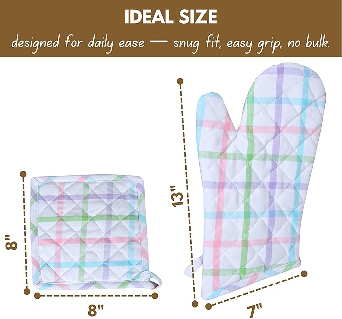 Native Fab 4 Piece Set - 2 Oven Mitts & 2 Potholders, Heat Resistant, 100% Cotton, Quilted Design, Non-Slip Grip, Ideal for Baking, Cooking, BBQ, Kitchen Protection, Multi-Color Checks - Image 5