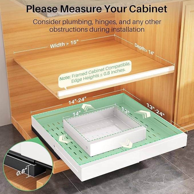 Pull out Cabinet Organizer, Expandable Width(14"-24"), Depth(13"-24") with 3 Rails, Slide Out Drawers With Raising Pad for Framed Cabinets, Fixed with Adhesive Film for Cabinets in Kitchen, White - Image 2