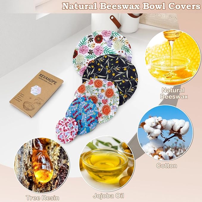 5-Size Reusable Beeswax Bowl Covers for Bread Proofing, Cotton Cloth Flexible Beeswax Wraps for Food Storage(Colorful Floral) - Image 3
